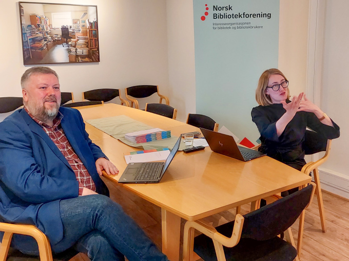 Styreleiar Vidar Lund og generalsekretær Anne Berit Hulthin i digital audiens. Foto: Norsk Bibliotekforening